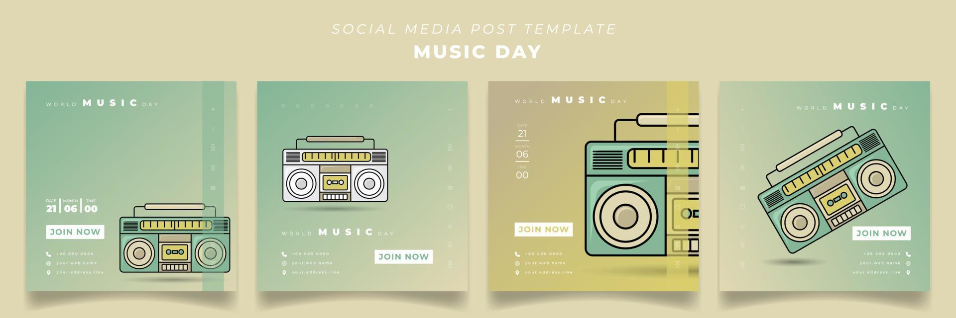 conjunto de modelo de postagem de mídia social para o dia mundial da música com design de fita de rádio vetor