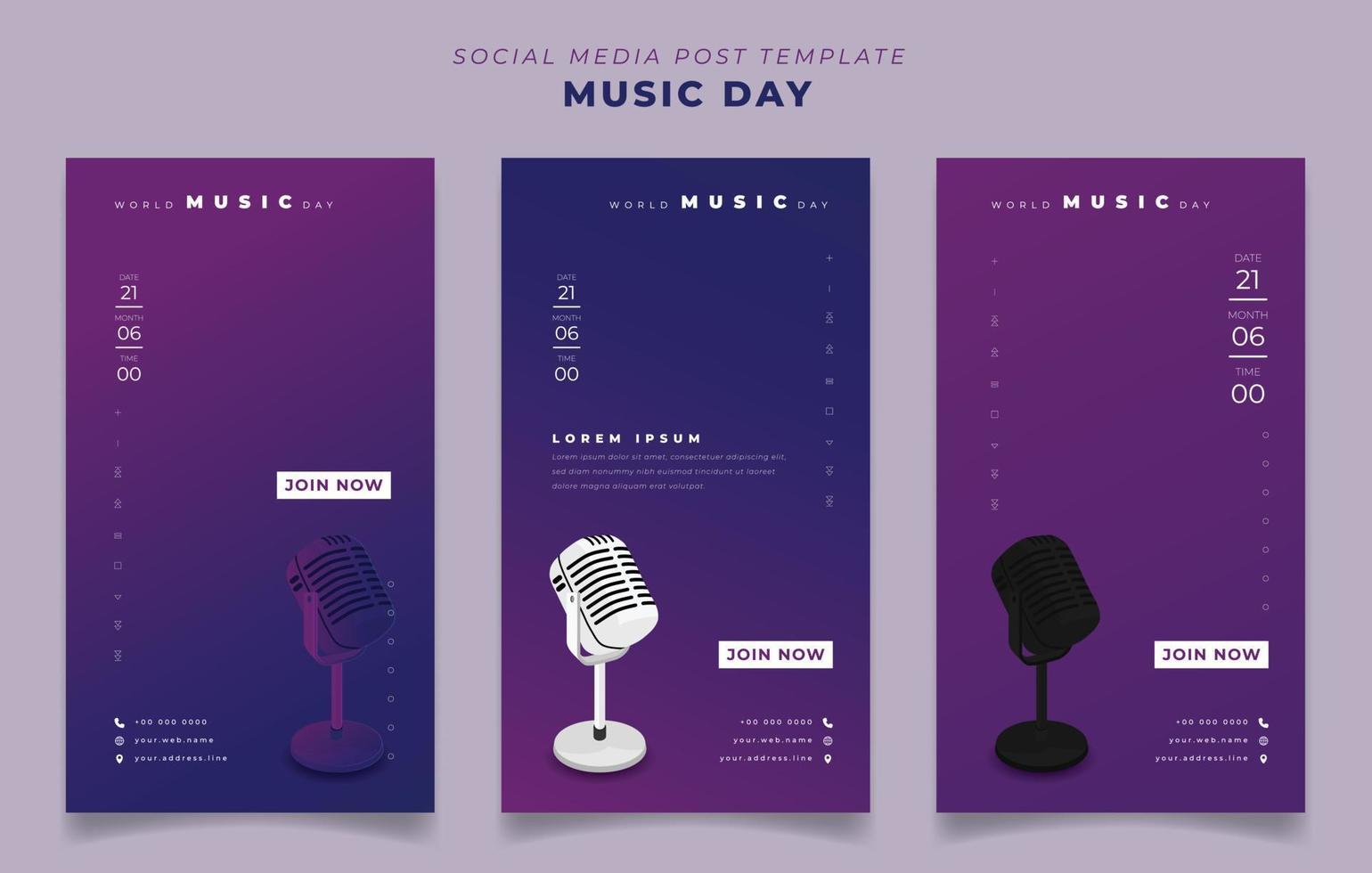 conjunto de modelo de postagem de mídia social em fundo de retrato para o dia mundial da música com design de microfone vetor