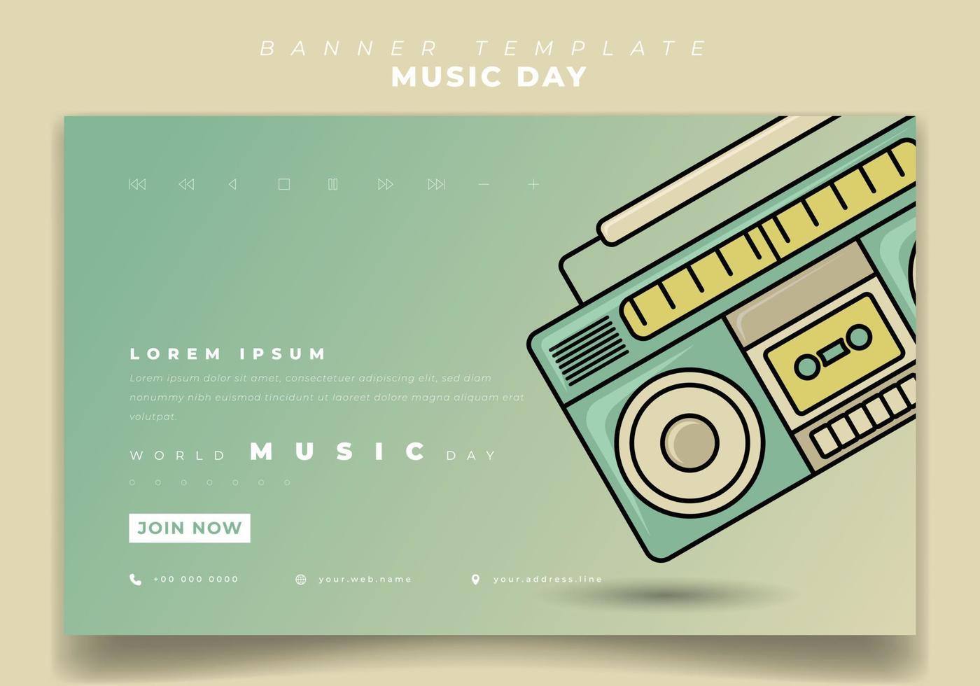 modelo de banner da web com design de fita de rádio para design do dia mundial da música em fundo verde vetor