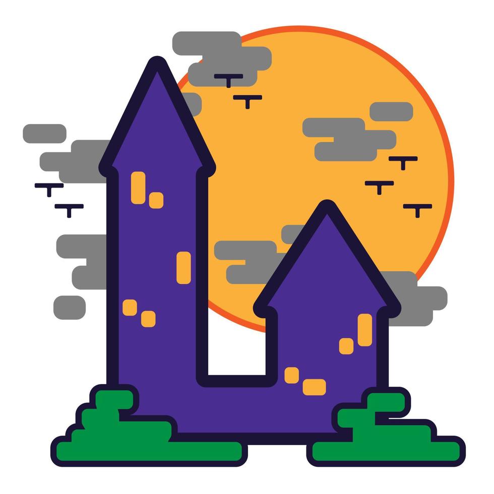 linda casa de vibração de halloween e desenhos animados de design plano de torre para camisa, pôster, cartão-presente, capa ou logotipo vetor