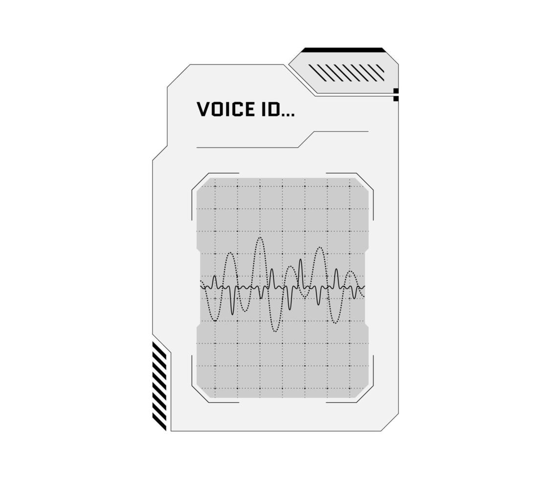 painel de reconhecimento de voz de interface de usuário futurista digital hud. sci fi tela de proteção de alta tecnologia em preto e branco. painel de áudio de identificação biométrica do menu de jogos. identificação do falante do ciberespaço. vetor