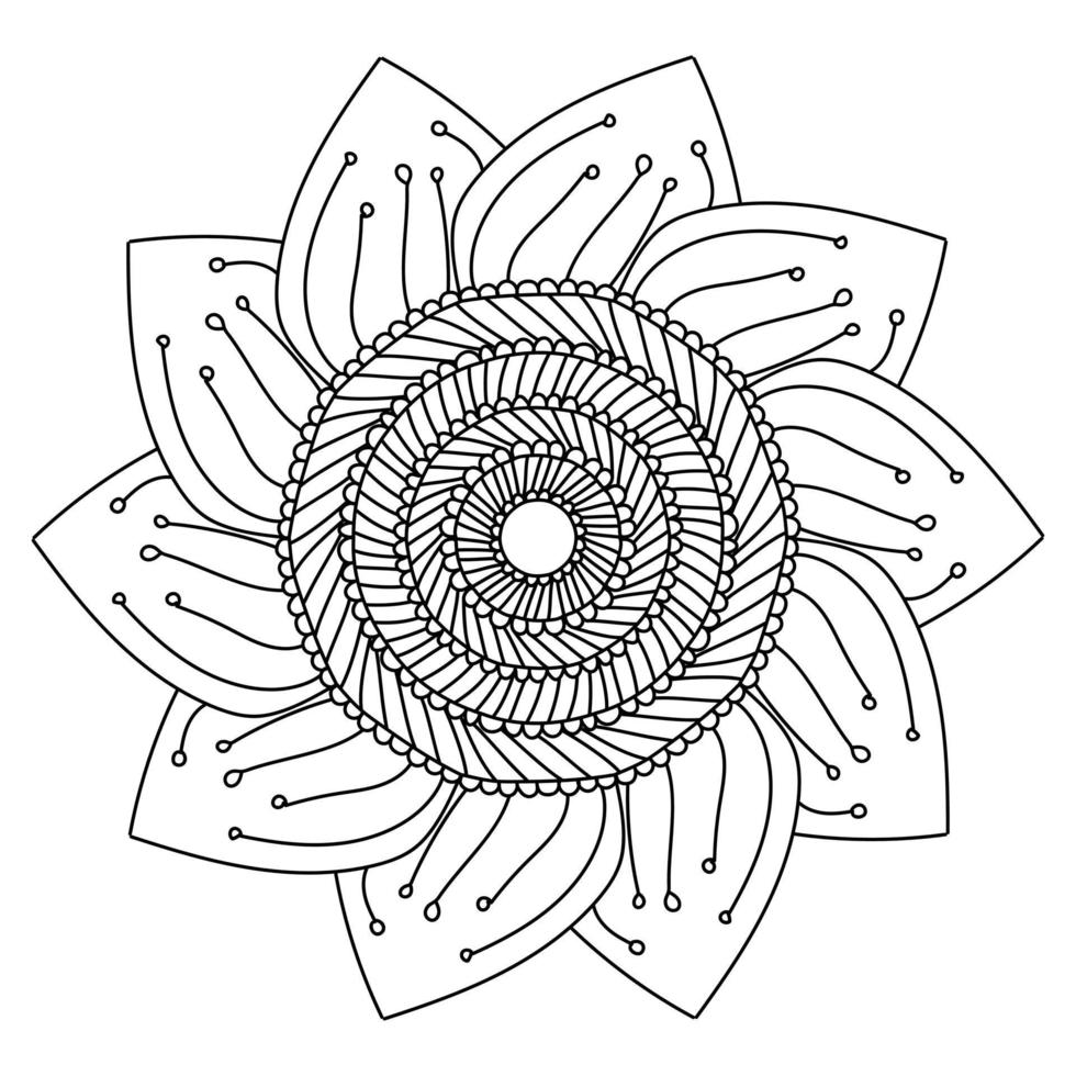 página para colorir com girassol estilizado, mandala de contorno com listras simétricas e elemento floral vetor