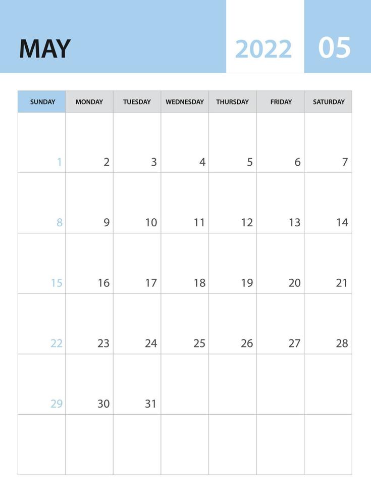 modelo de maio de 2022, vetor de modelo de calendário 2022, design mensal do planejador, calendário de mesa 2022, design de calendário de parede, estilo minimalista, anúncio, cartaz, mídia de impressão, vetor criativo simples