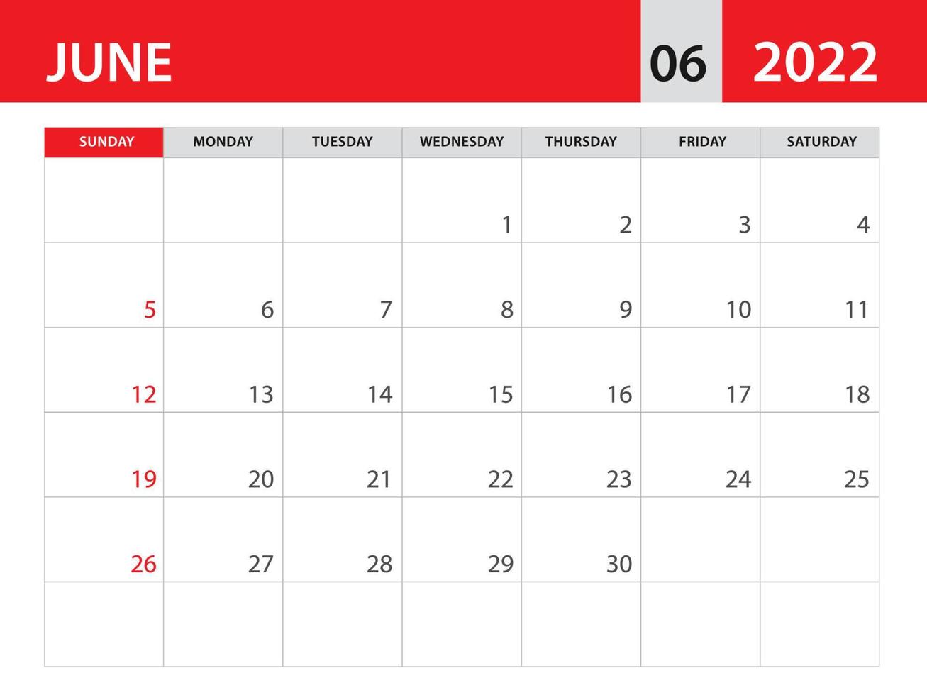 modelo de junho de 2022, vetor de modelo de calendário 2022, design mensal do planejador, calendário de mesa 2022