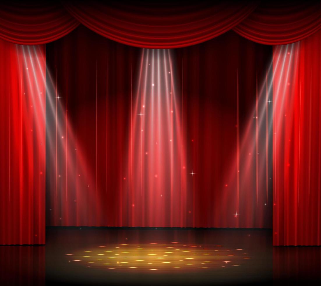 palco vazio com cortina vermelha e holofotes no piso de madeira vetor
