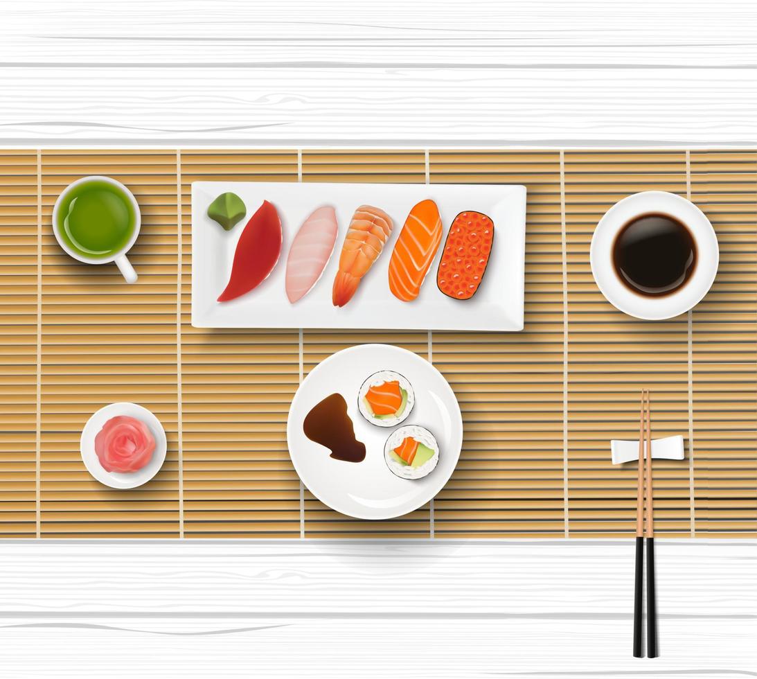 sushi, comida japonesa em um fundo de mesa de madeira vetor