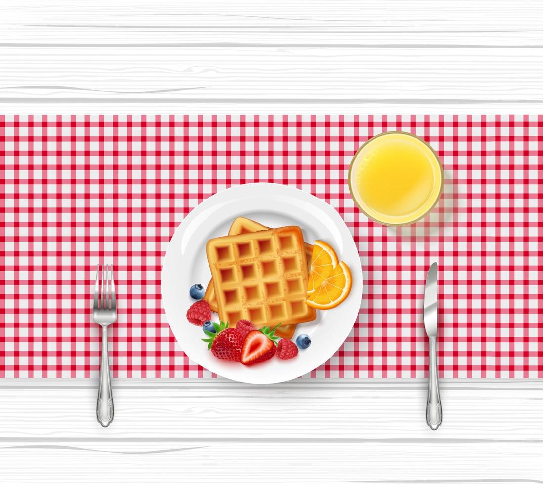 menu de café da manhã com waffles e frutas na mesa de madeira vetor