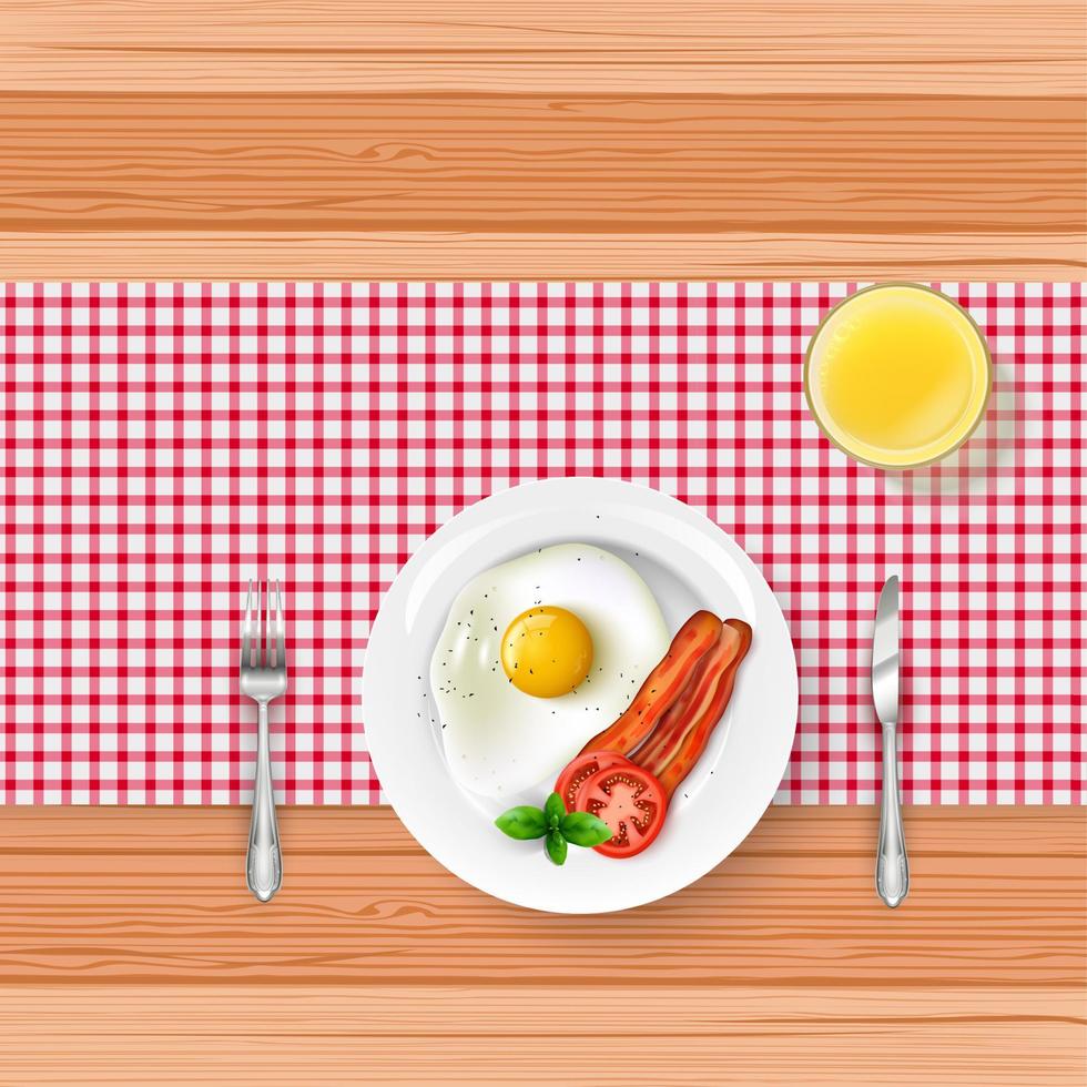 menu de café da manhã com ovo frito, frutas e café preto na mesa de madeira vetor