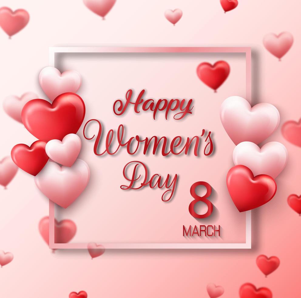 8 de março. cartão de saudação de corações rosa vermelhos. feliz dia internacional da mulher com quadrado no fundo rosa vetor