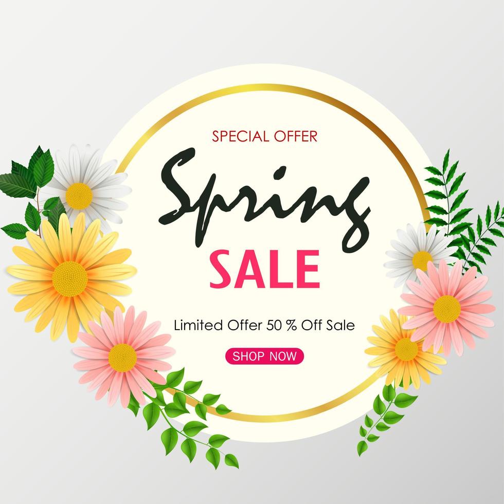 banner de fundo de venda de primavera com lindas flores coloridas e folhas verdes vetor