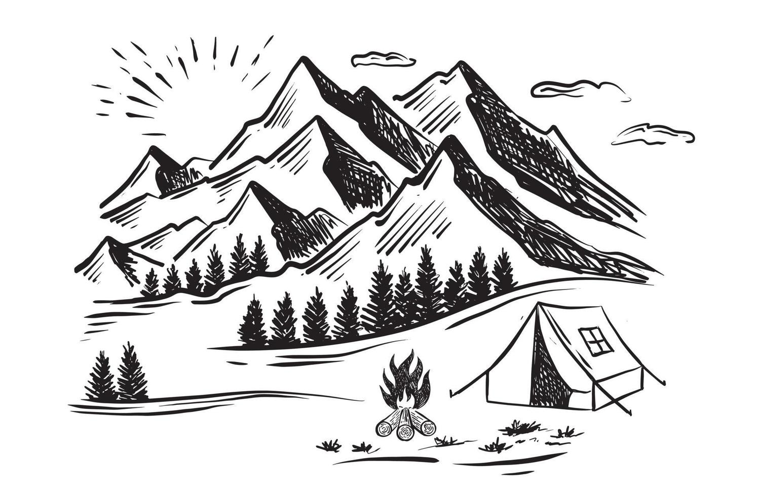 acampar na natureza, paisagem de montanha, estilo de desenho, ilustrações vetoriais vetor