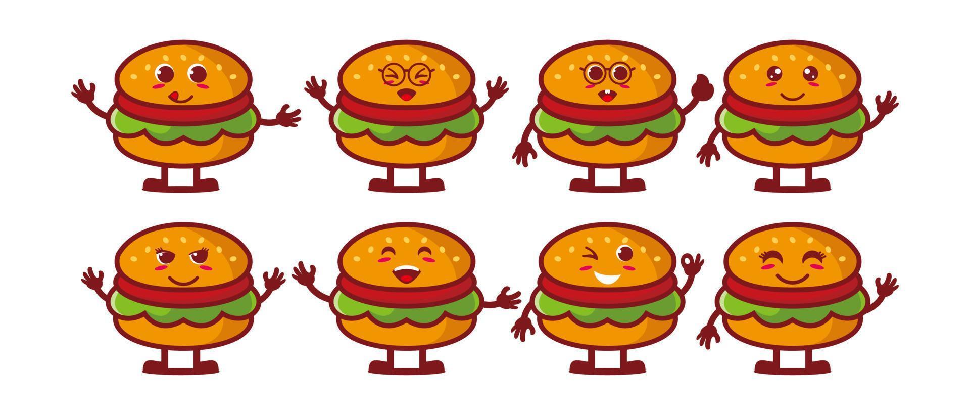 coleção de conjunto de hambúrguer engraçado sorridente bonito ilustração de mascote de personagem de cara de desenho animado plana vetorial isolada no fundo branco vetor