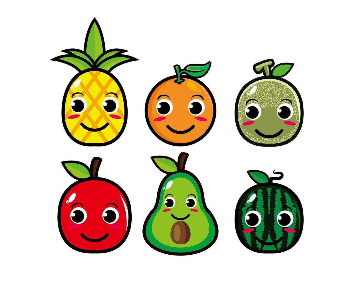 conjunto de rosto de fruta sorridente bonito feliz. coleção de ilustração de personagem de desenho animado plana kawaii de vetor. conceito de conjunto de emoji de coleção de frutas de personagem fofo vetor