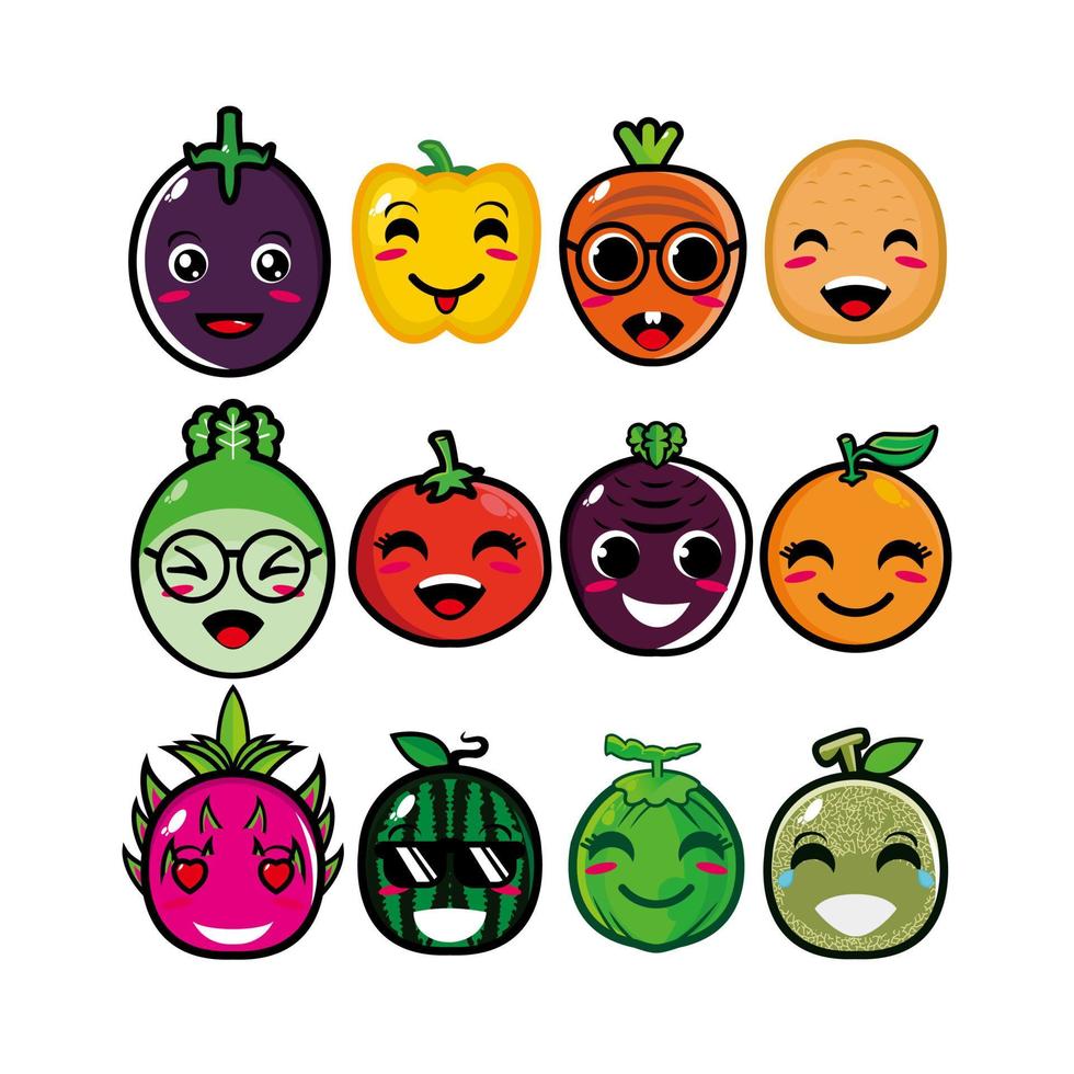 feliz bonito sorridente conjunto de rosto de frutas e vegetais. coleção de ilustração de personagem de desenho animado plana kawaii de vetor. conceito de conjunto de emoji de coleção de frutas de personagem fofo vetor