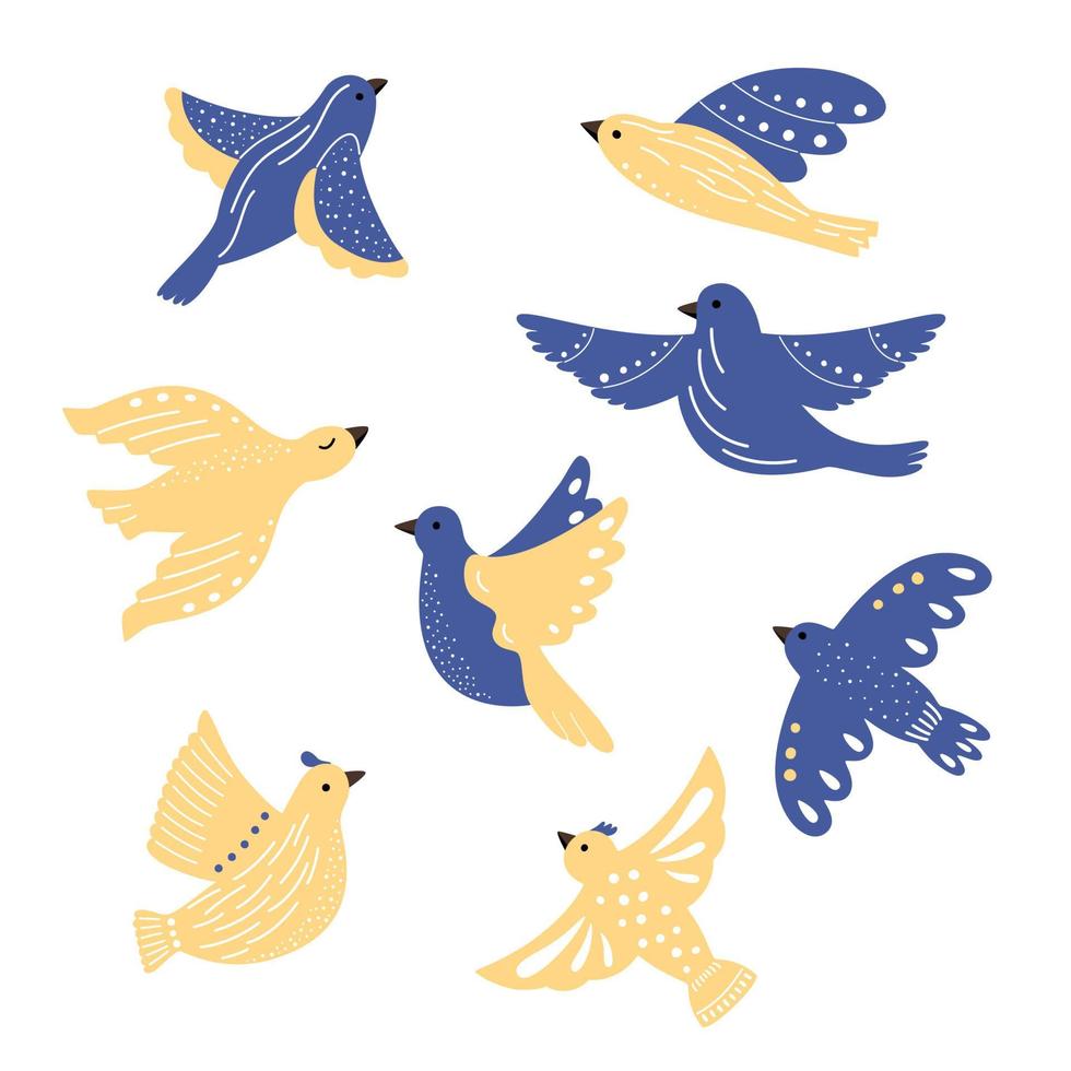 conjunto de pássaros livres ucranianos de vetor em poses diferentes. ilustração de pombos pacíficos em cores amarelas brilhantes. pássaro de estilo plano desenhado à mão