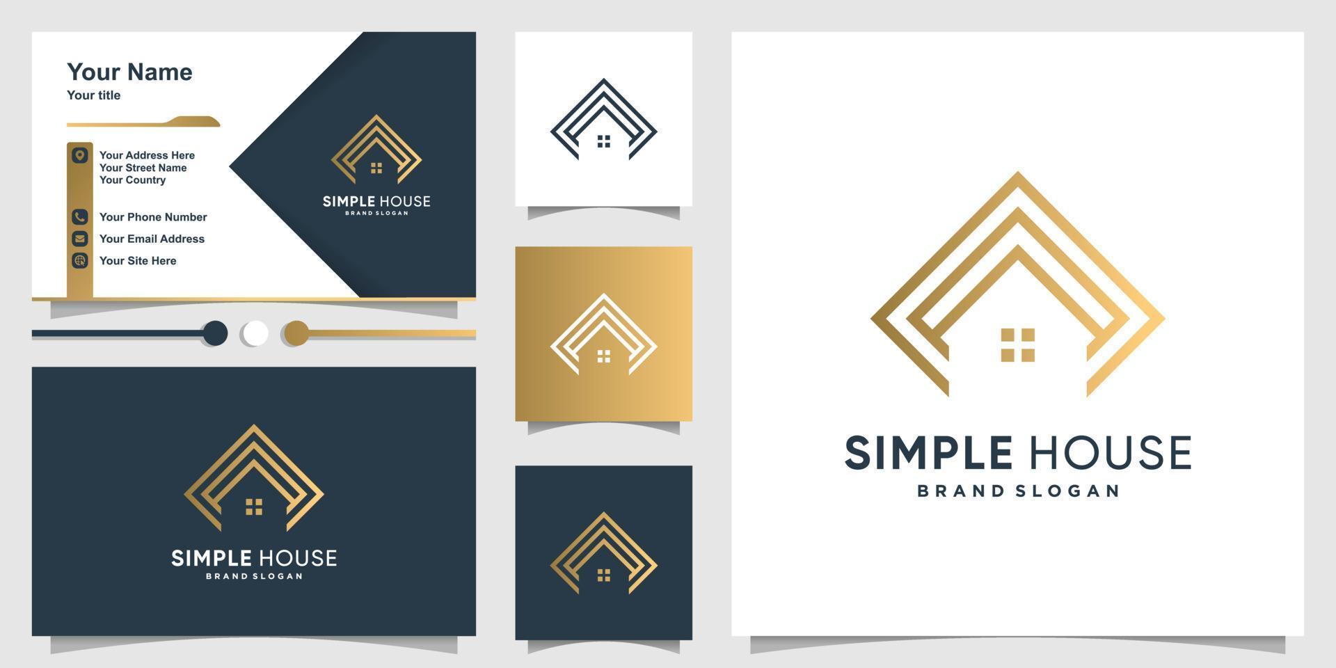 logotipo de casa simples com estilo de arte de linha dourada e vetor premium de design de cartão de visita