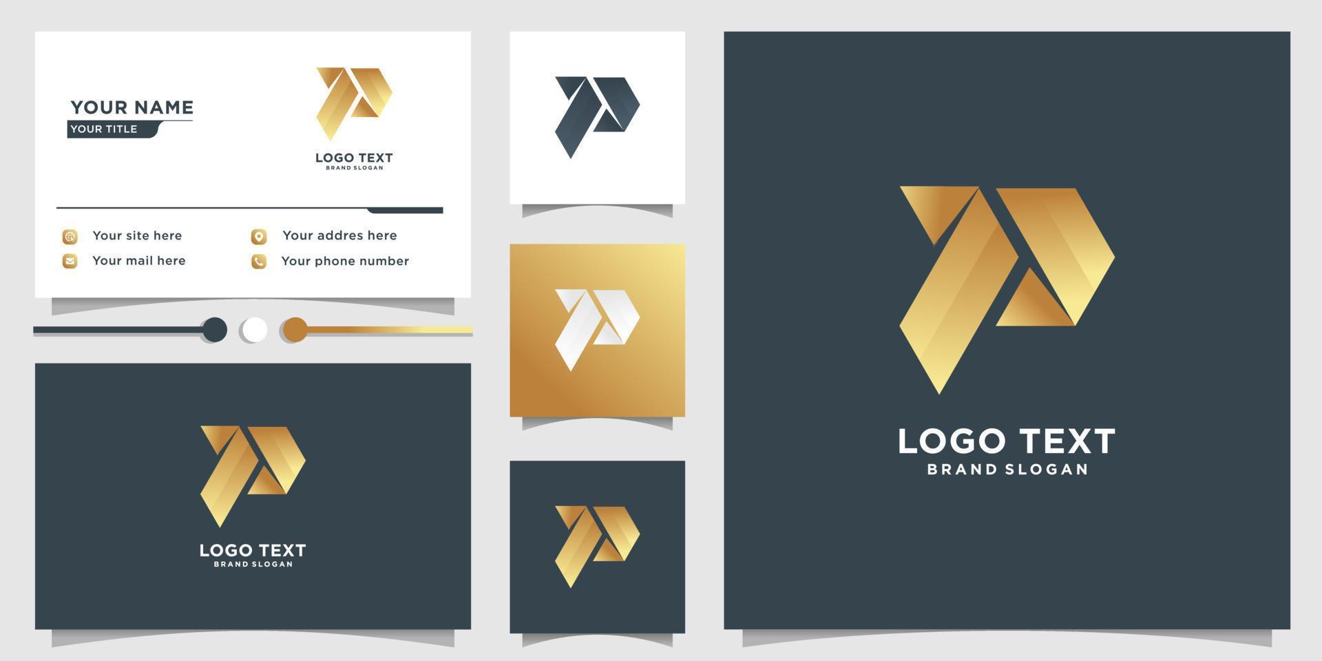 modelo de logotipo p inicial com conceito dourado e vetor premium de design de cartão de visita