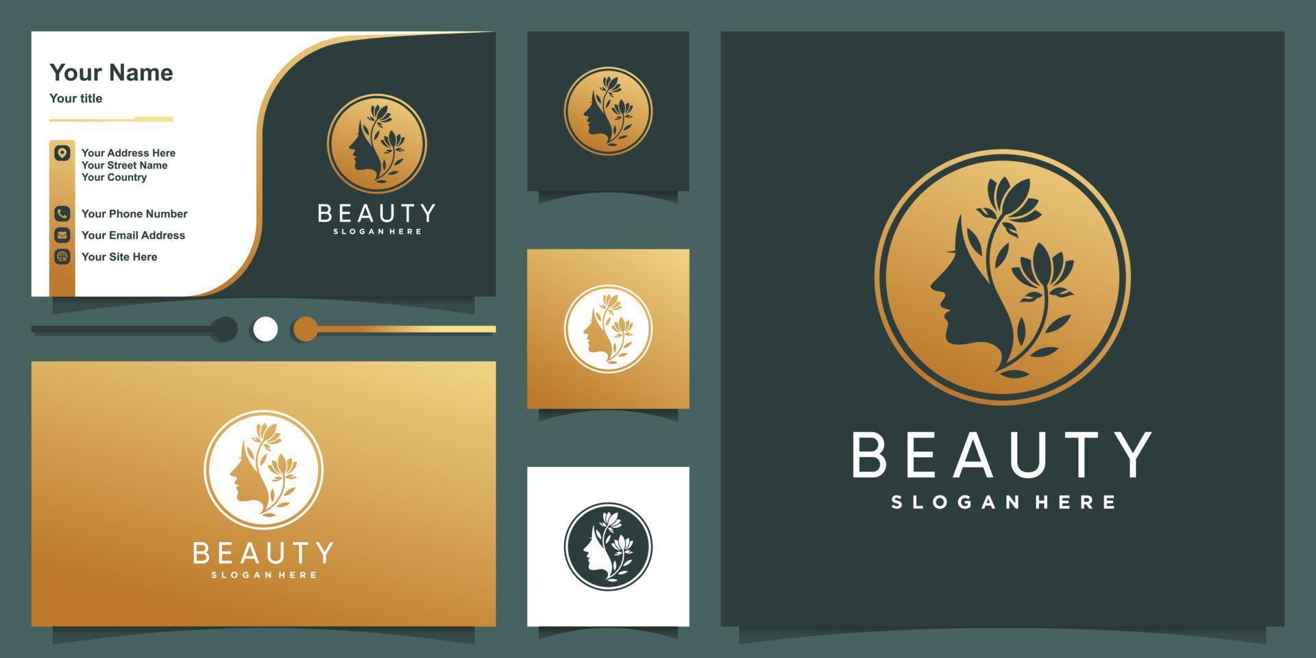 modelo de logotipo de beleza e design de cartão de visita com vetor premium de conceito dourado