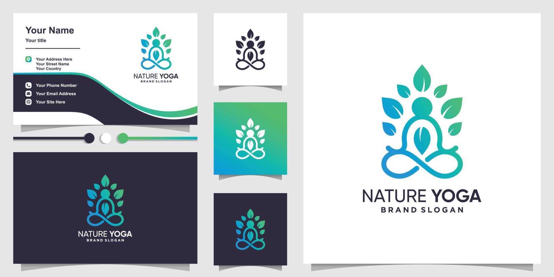 modelo de logotipo de ioga de natureza com conceito de arte de linha criativa e vetor premium de design de cartão de visita