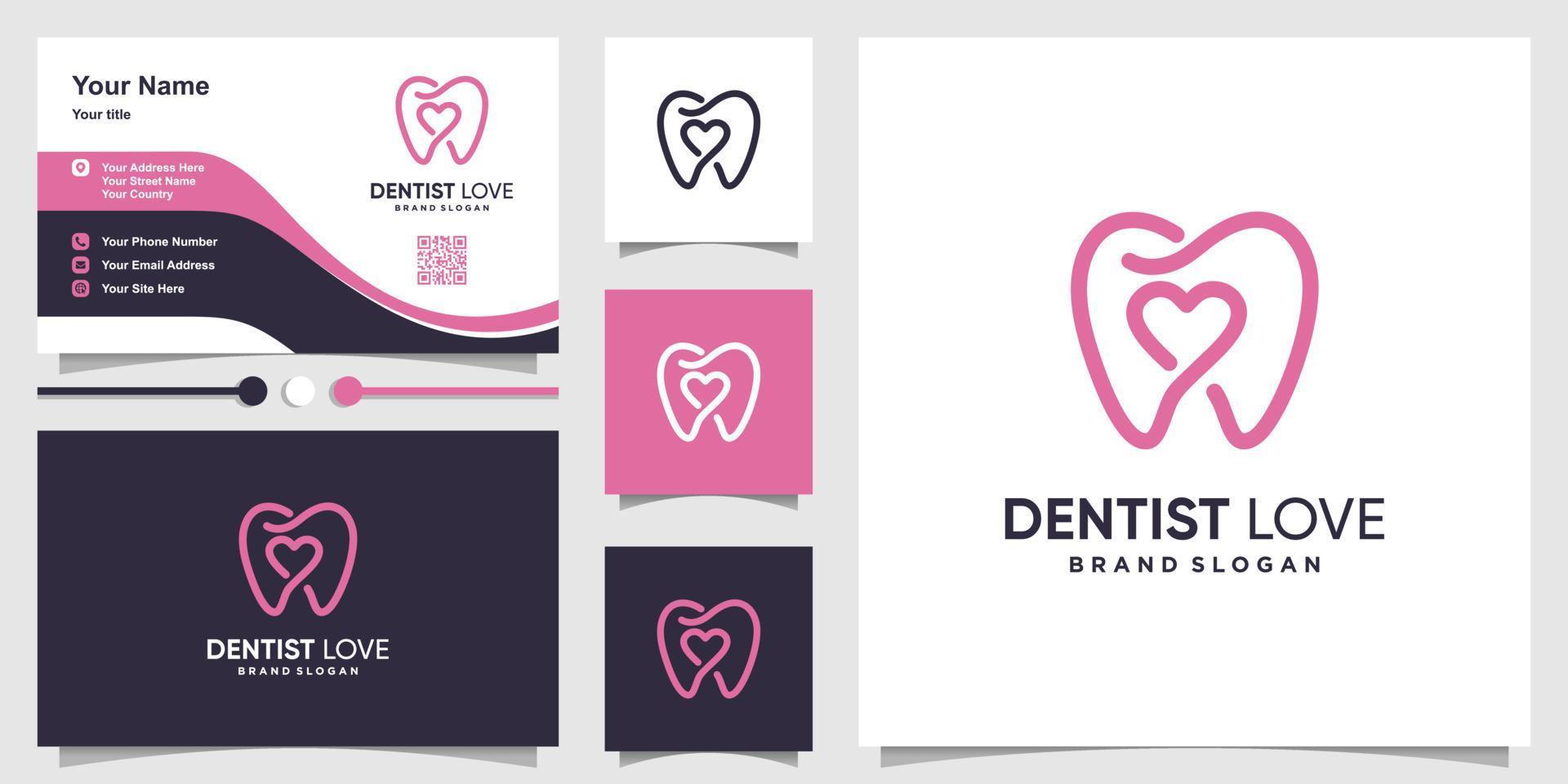 logotipo exclusivo do dentista com amor dentro e vetor premium de design de cartão de visita