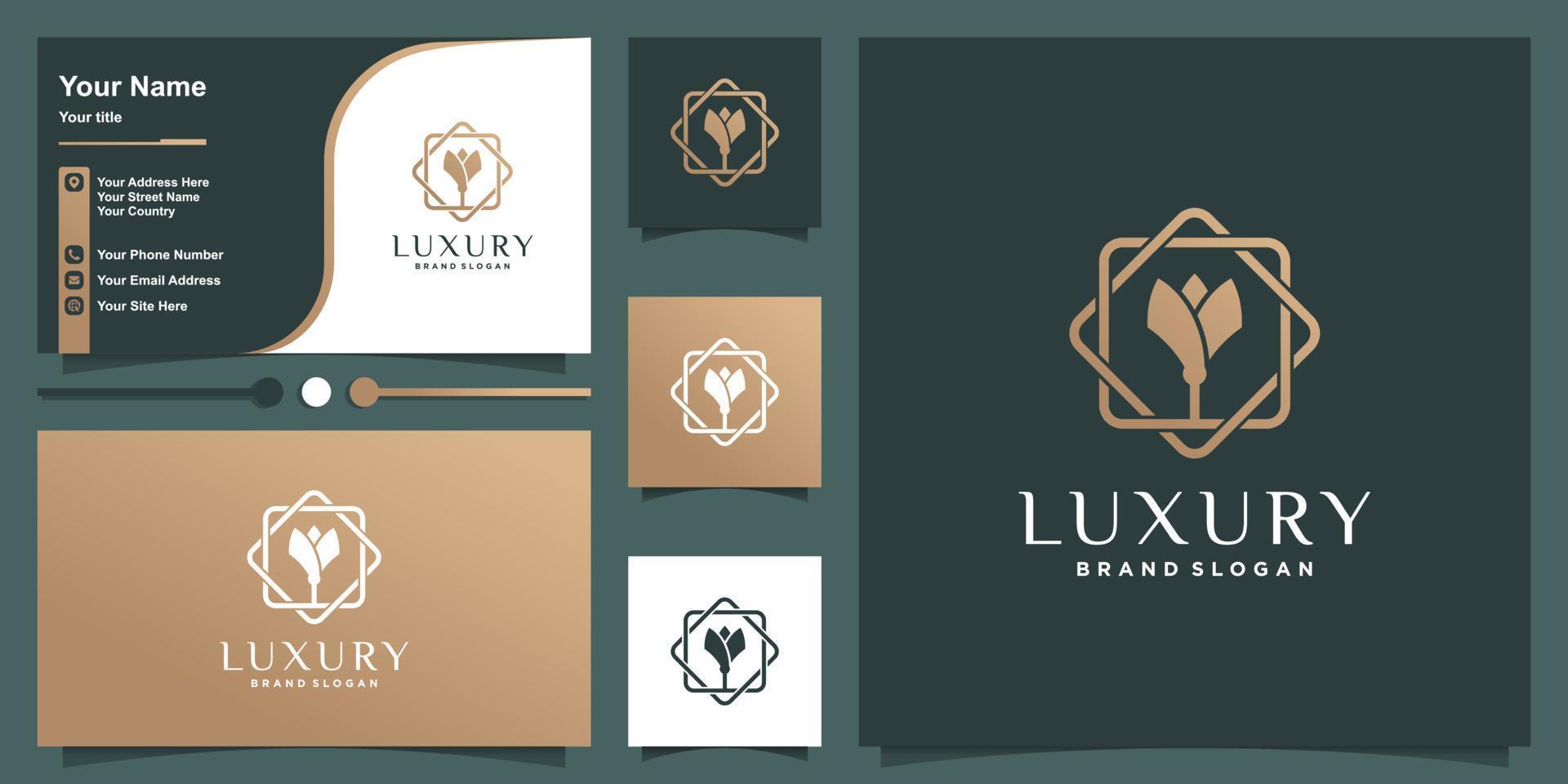 logotipo de luxo com conceito de flor de arte de linha e vetor premium de design de cartão de visita