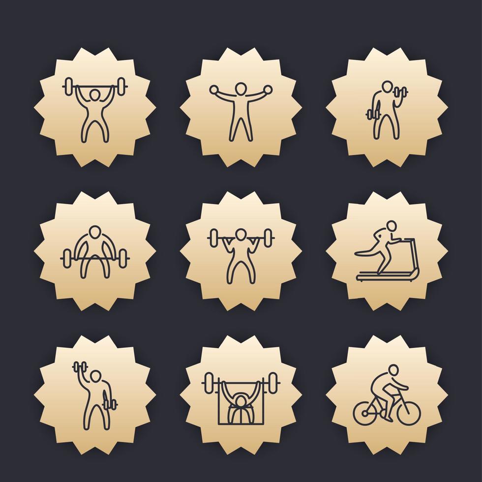 ginásio, ícones de exercícios de fitness, emblemas de ouro com pictogramas lineares vetor