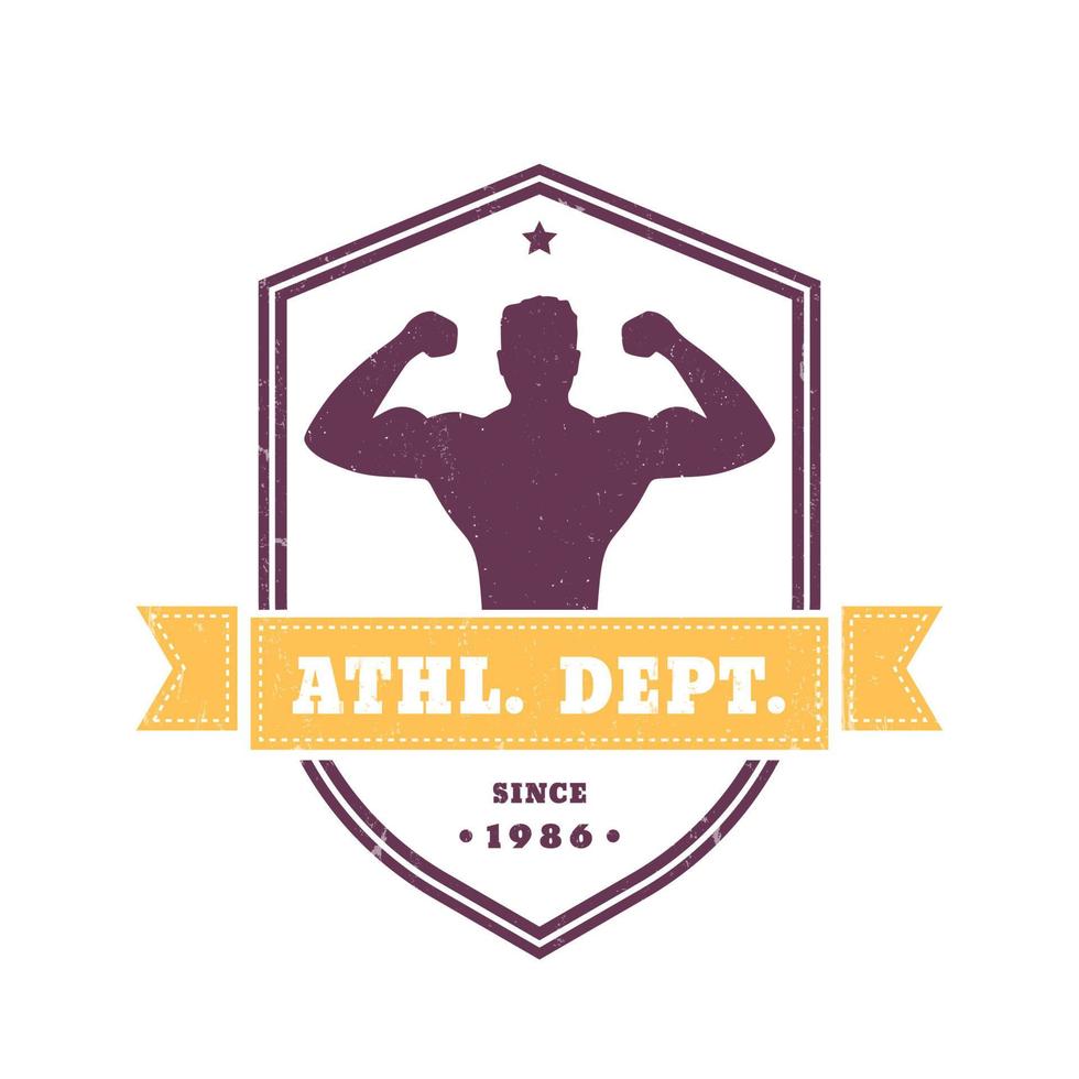 fitness, logotipo vintage do ginásio, emblema, crachá com atleta posando no escudo, isolado no branco, ilustração vetorial vetor