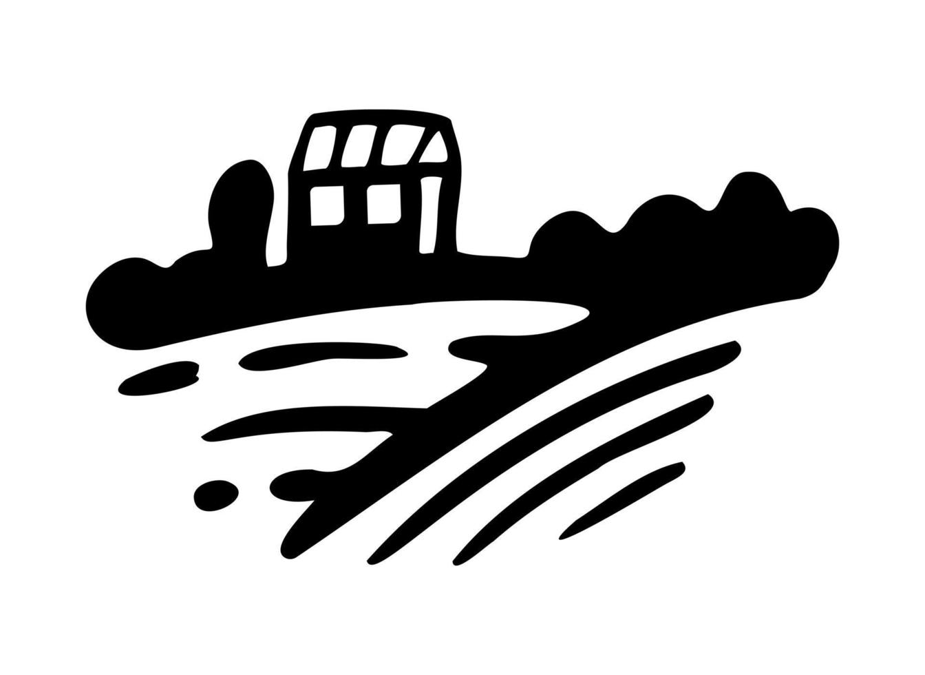 aldeia com campos e sol. paisagem rural com pequena fazenda e árvores. estilo de gravura desenhado à mão. doodle logotipo desenho design gráfico. vetor