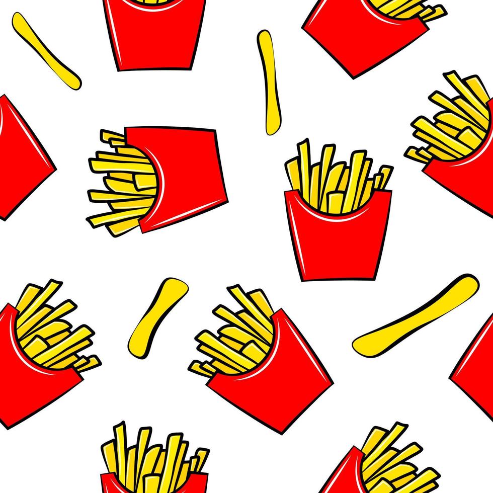 modelo de padrão sem emenda de vetor de fast-food de batatas fritas. papel de parede de junk food insalubre. ilustração plana colorida dos desenhos animados isolada no fundo branco.