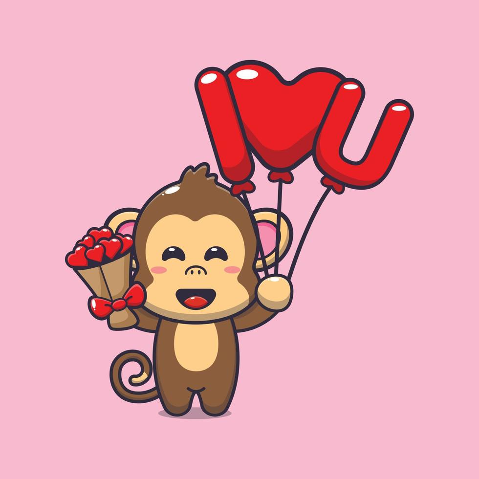 personagem de desenho animado de macaco fofo segurando balão de amor e flores de amor vetor