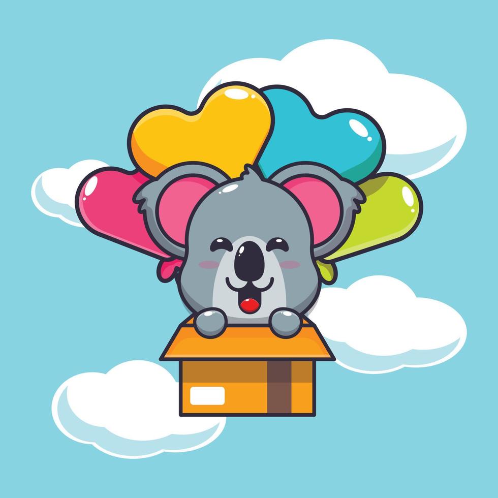 personagem de desenho animado de mascote coala fofo voa com balão vetor