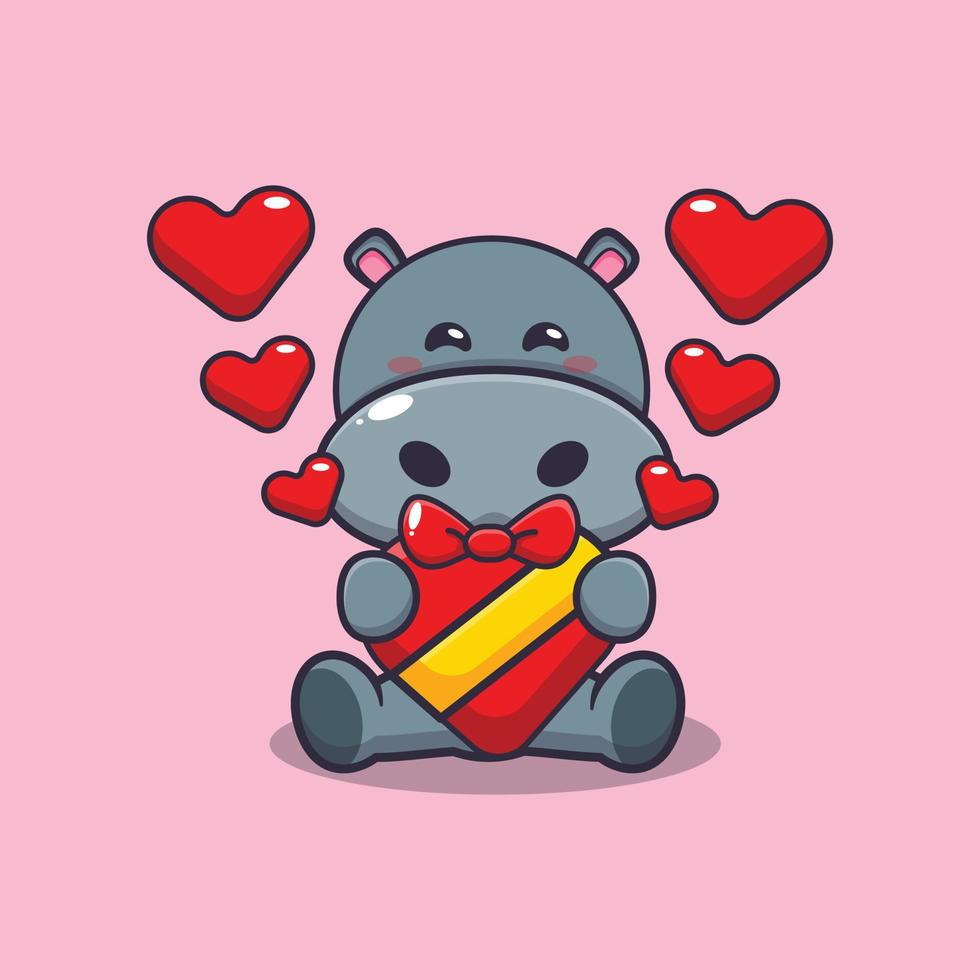 fofo personagem de desenho animado de hipopótamo feliz no dia dos namorados vetor