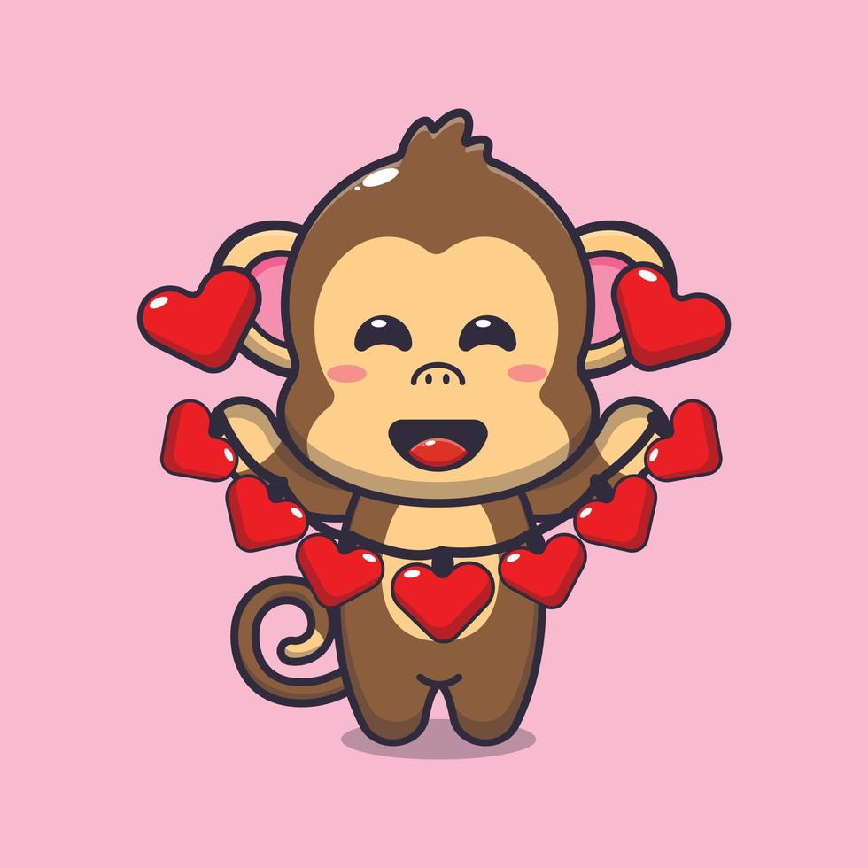 personagem de desenho animado de macaco fofo segurando a decoração de amor vetor