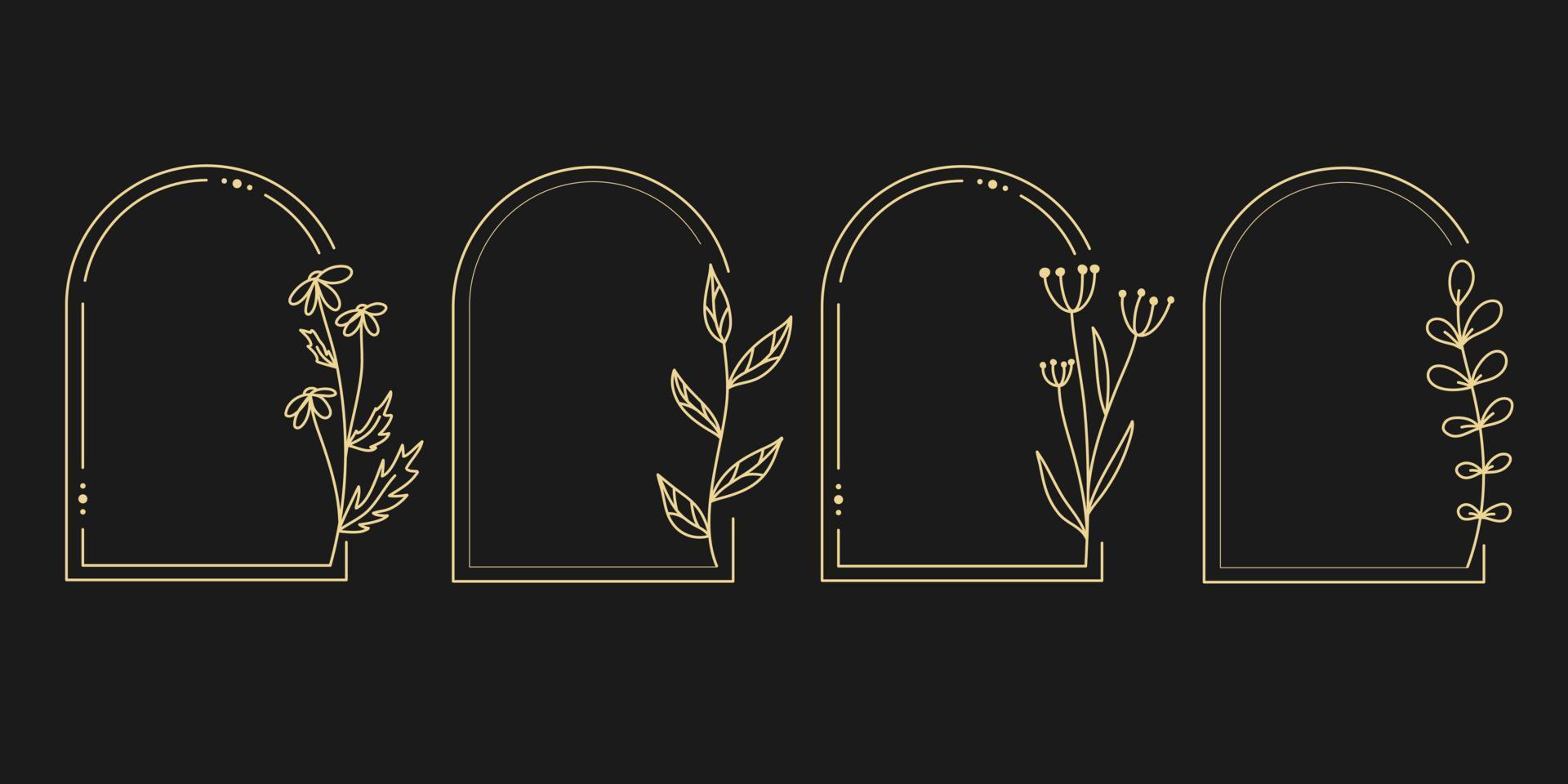 coleção de quadros florais de ouro vetor geométrico. bordas decoradas com flores delicadas desenhadas à mão, galhos, folhas, flores. ilustração vetorial
