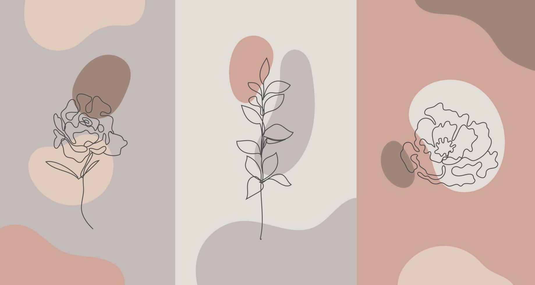 flores de plantas de estilo minimalista de vetor. flor de linha, cores nude. impressão abstrata desenhada à mão. use para papéis de parede de mídia social, logotipos de beleza, ilustração de pôster, vetor