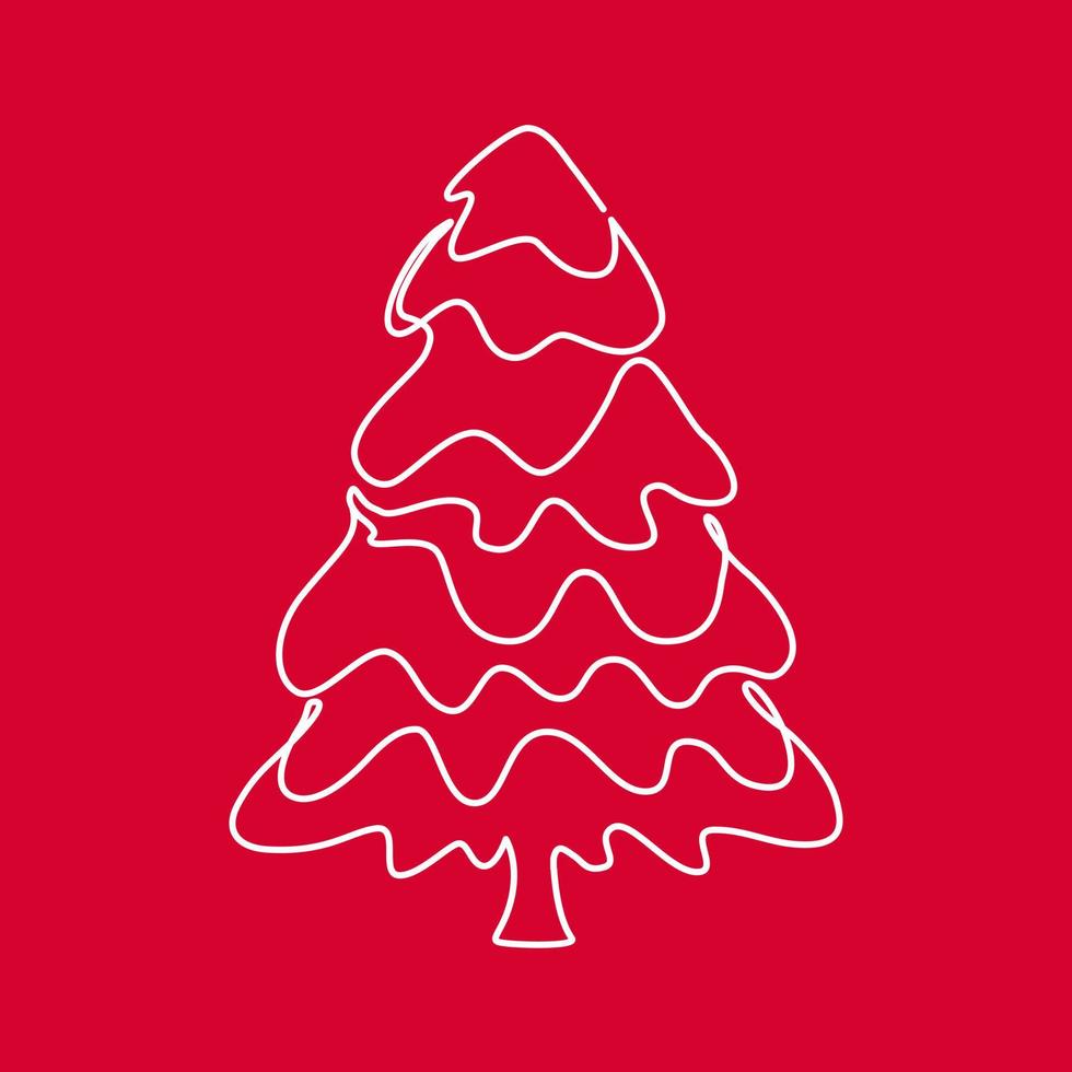 abeto com ilustração vetorial de contorno de neve. arte de linha em um fundo vermelho. elemento decorativo de natal para web, cartões, cartazes vetor