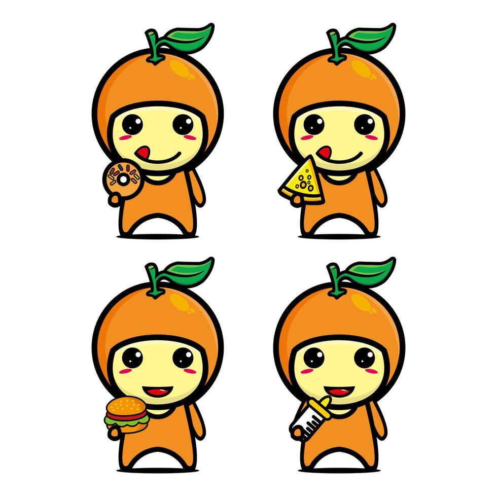 definir coleção de personagem de design de mascote laranja fofo. Isolado em um fundo branco. conceito de pacote de ideia de logotipo de mascote de personagem fofo vetor