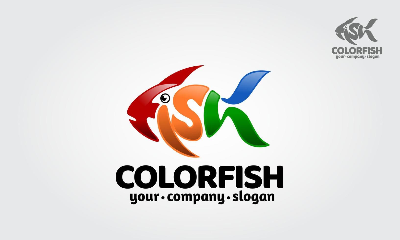 ilustração de logotipo de vetor de peixe de cor. logotipo de peixe feito de letras de peixe. um ótimo logotipo para agências criativas, consultoria, empresa, marketing, internet, etc.