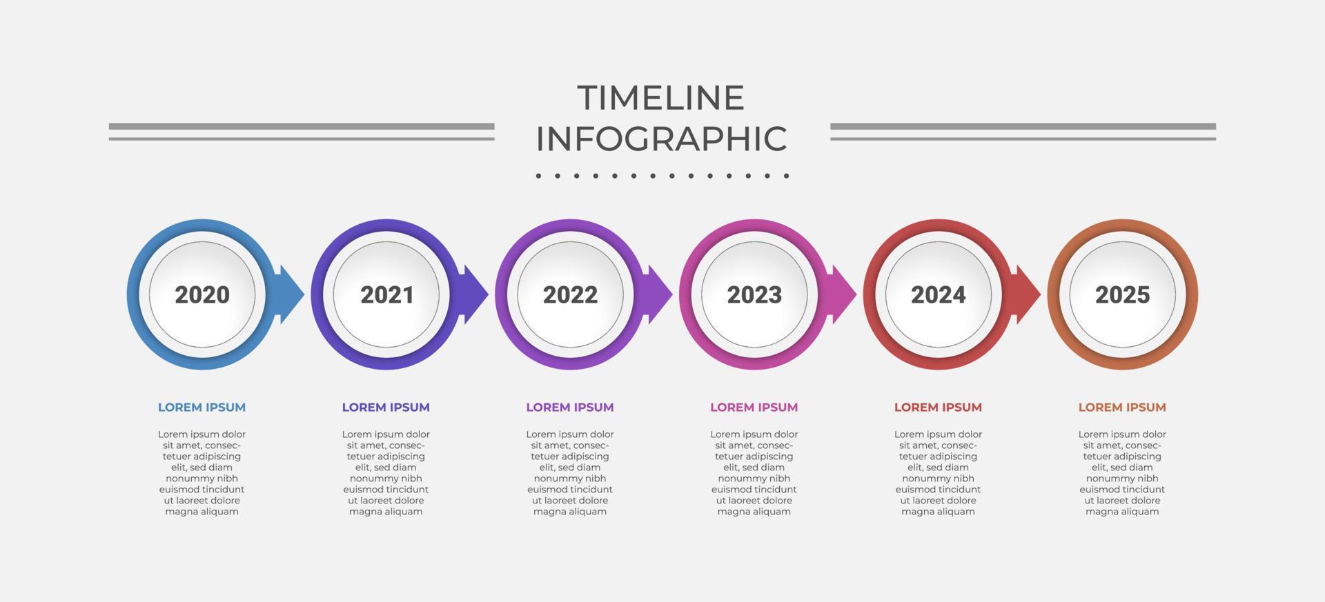 modelo de infográficos de negócios abstratos com 6 círculos em diagramas de linha do tempo. design de rótulo de apresentação criativa para infográficos. vetor