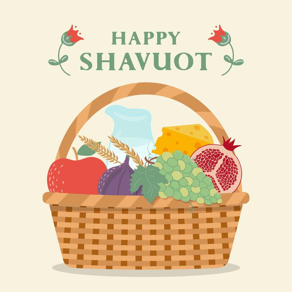 feliz shavuot. cesta com frutas, leite e queijo. cartão de felicitações de shavuot de feriado judaico. vetor