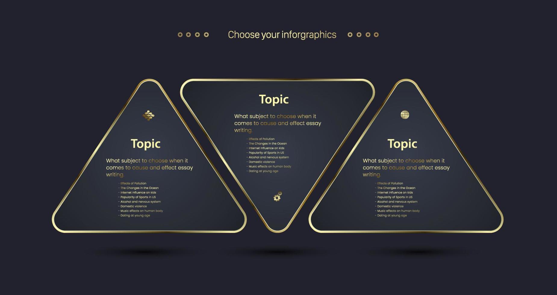 design de gráfico infográfico de luxo premium moderno e modelo de ilustração vetorial gráfico gloden com fundo escuro com três opções ou etapas vetor de design premium