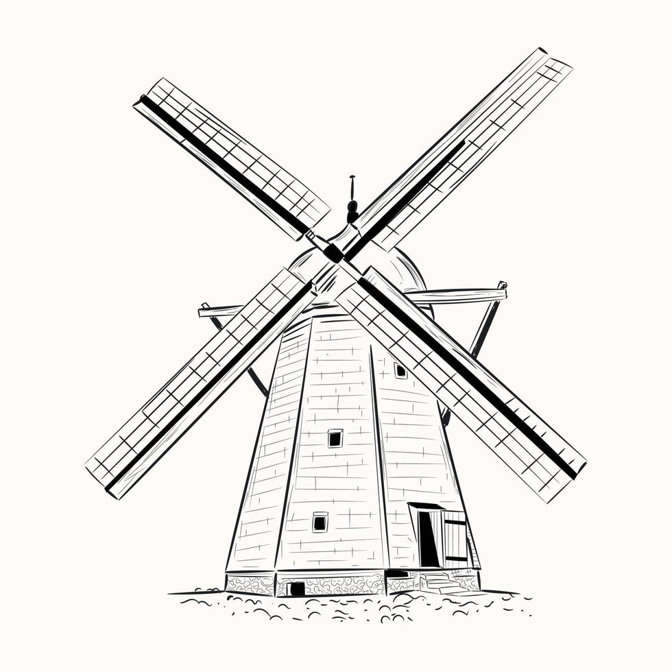 design criativo de moinhos de vento kinderdijk, ilustração desenhada à mão vetor