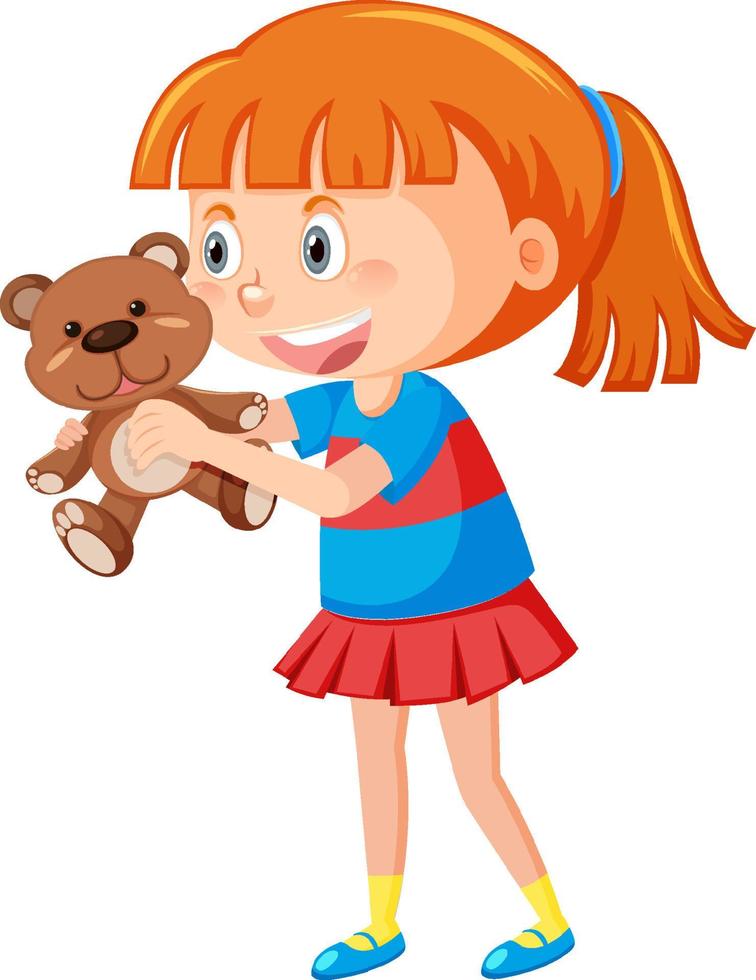 uma menina segurando um brinquedo de ursinho de pelúcia vetor