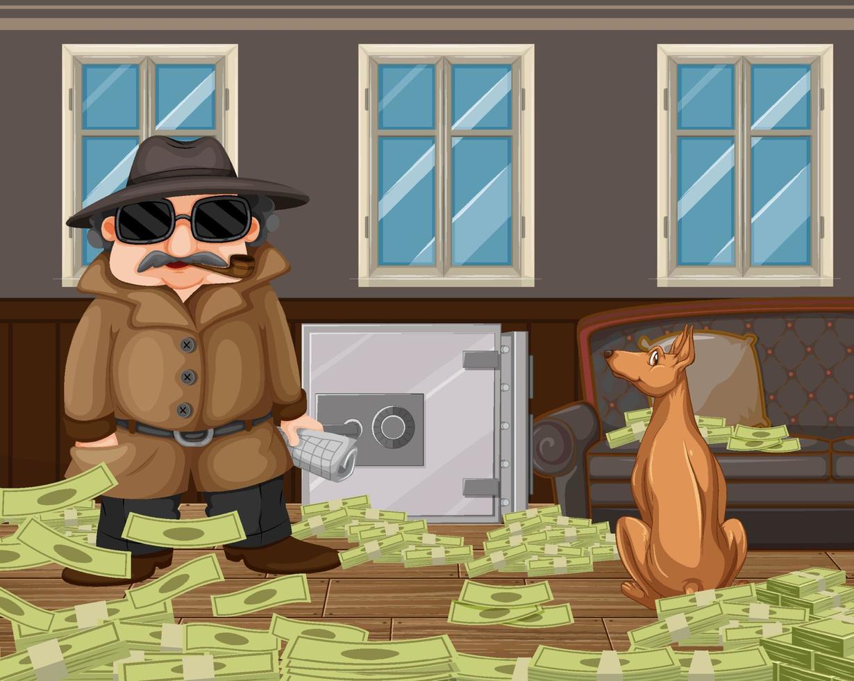 um ladrão roubando dinheiro da caixa de segurança vetor