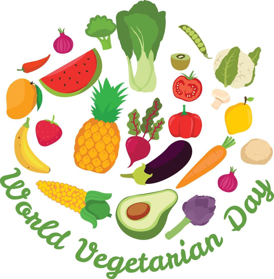 ilustração muito interessante de várias frutas e legumes em comemoração ao mundo vegetariano vetor