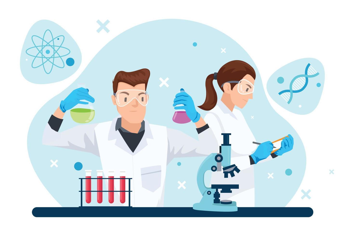 ilustração de um cientista trabalhando em um laboratório em uma vacina vetor