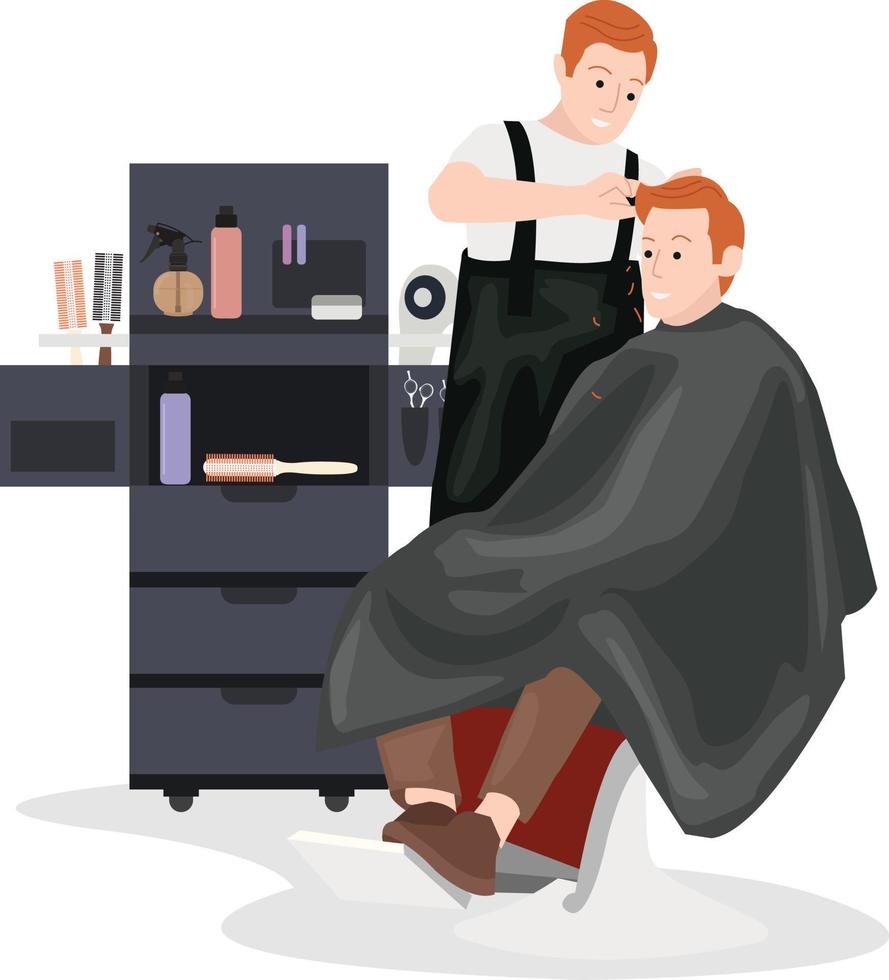 um cabeleireiro está arrumando o cabelo de seu cliente usando várias ferramentas no mundo do cabeleireiro vetor