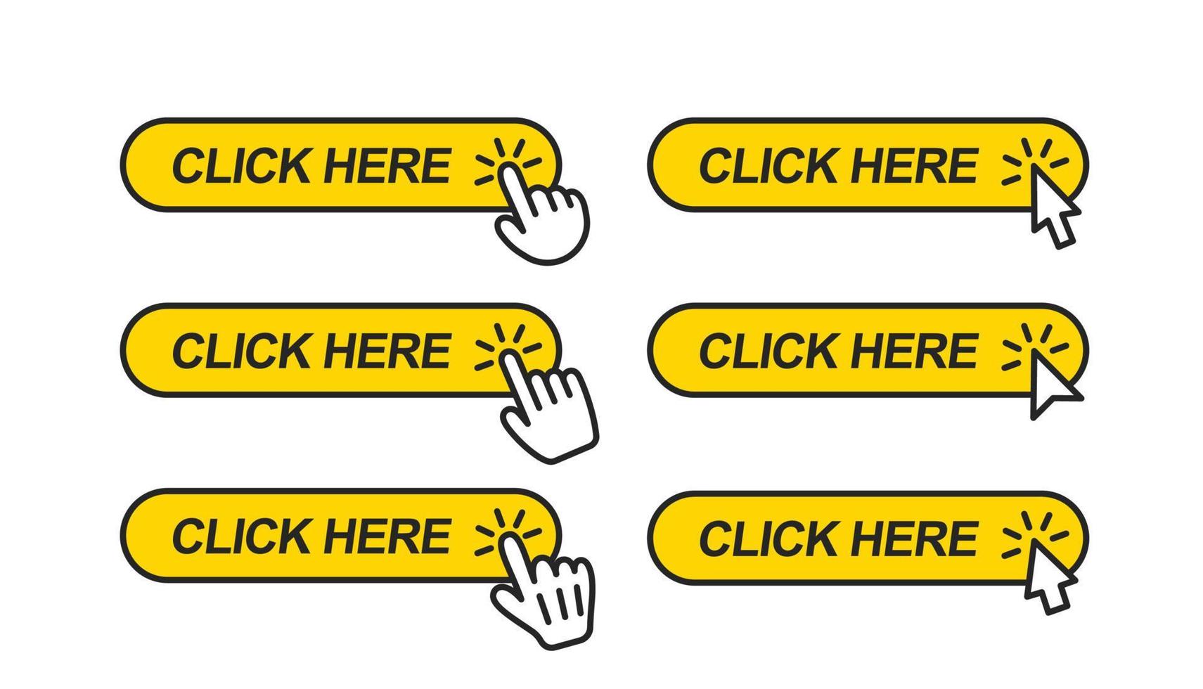 Clique aqui. ícone para site. conjunto de clicar os dedos indicadores e cursores do mouse no botão web de forma retangular amarela com cantos arredondados, isolados no fundo branco. vetor