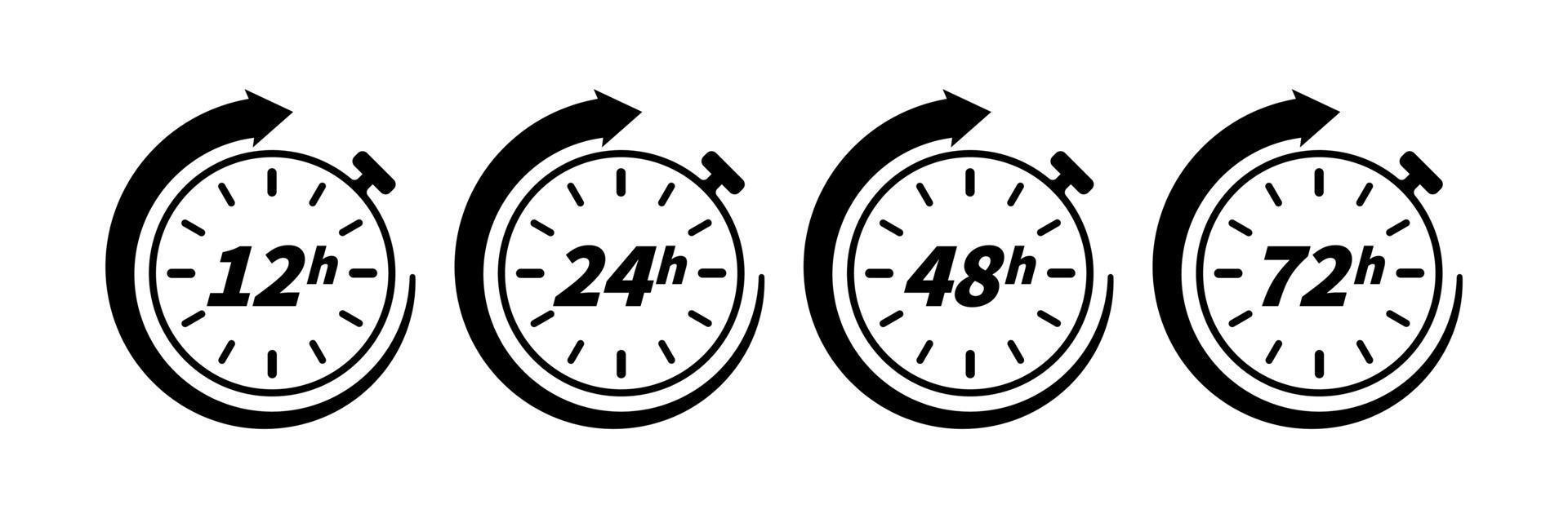 12, 24, 48 e 72 horas ícone de seta do relógio isolado no fundo branco. elemento de conceito vetorial para web e design de impressão. efeito do tempo de trabalho ou tempo de serviço de entrega. vetor