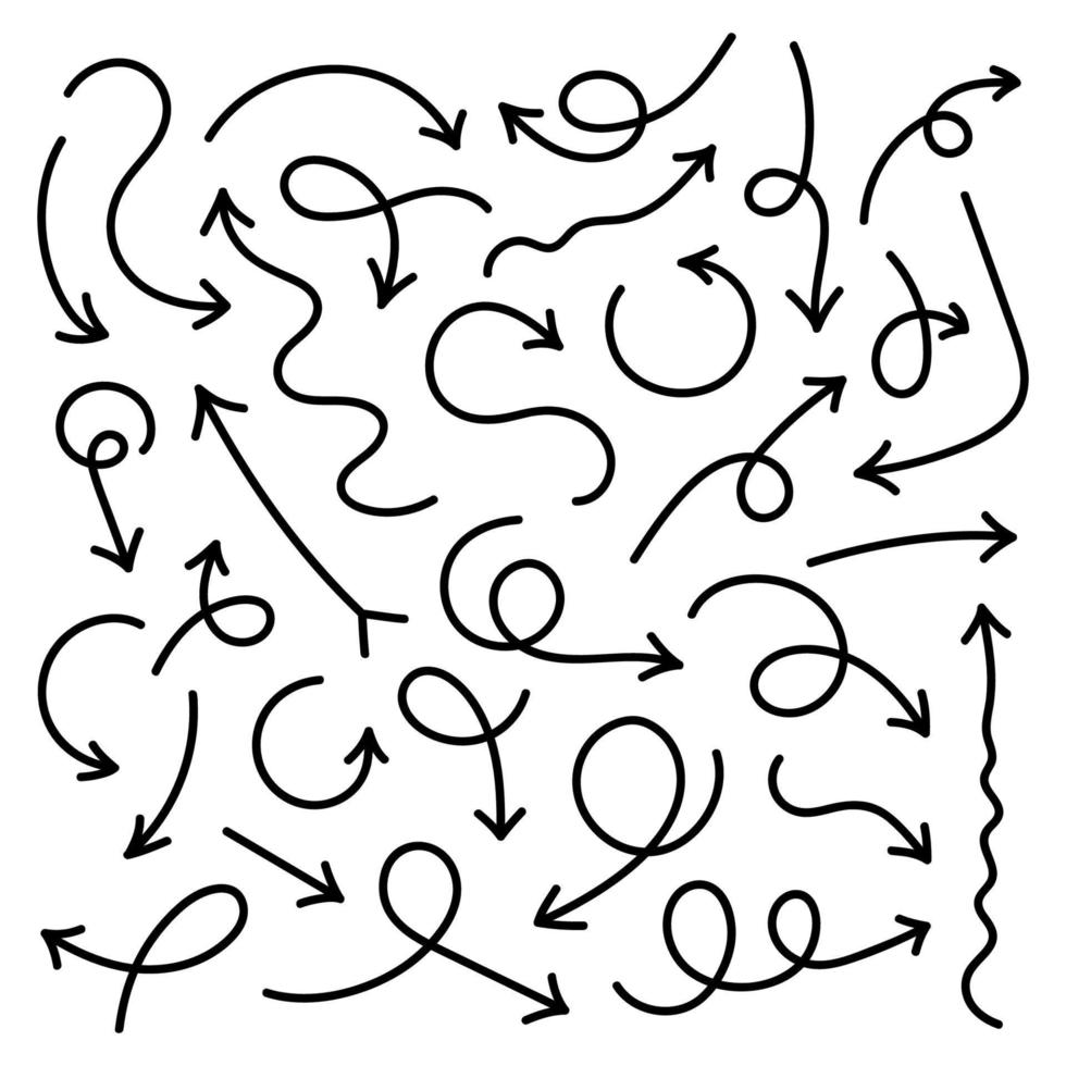 conjunto de setas curvas pretas no estilo doodle. coleção de vetores de setas desenhadas isoladas no fundo branco.